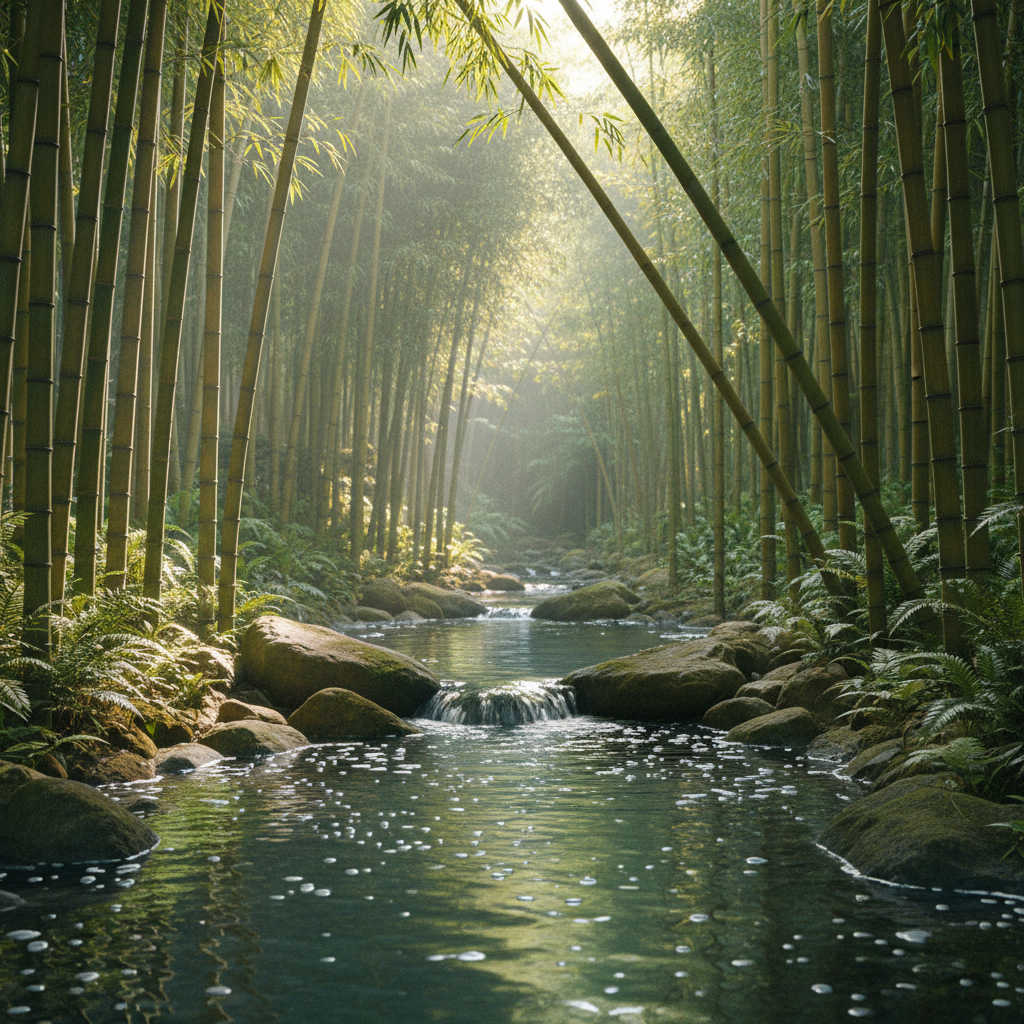 Capa de Bambu e Água - Fluxo Tranquilo
